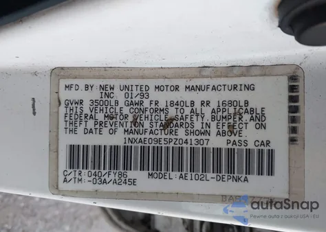 1993 Toyota Corolla Le/Dx from USA, damaged, VIN 1NXAE09E5PZ041307